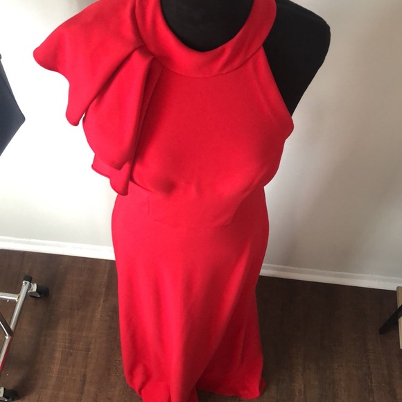 Betsy and Adam One Shoulder Red Halter Gown - Picture 6 of 7